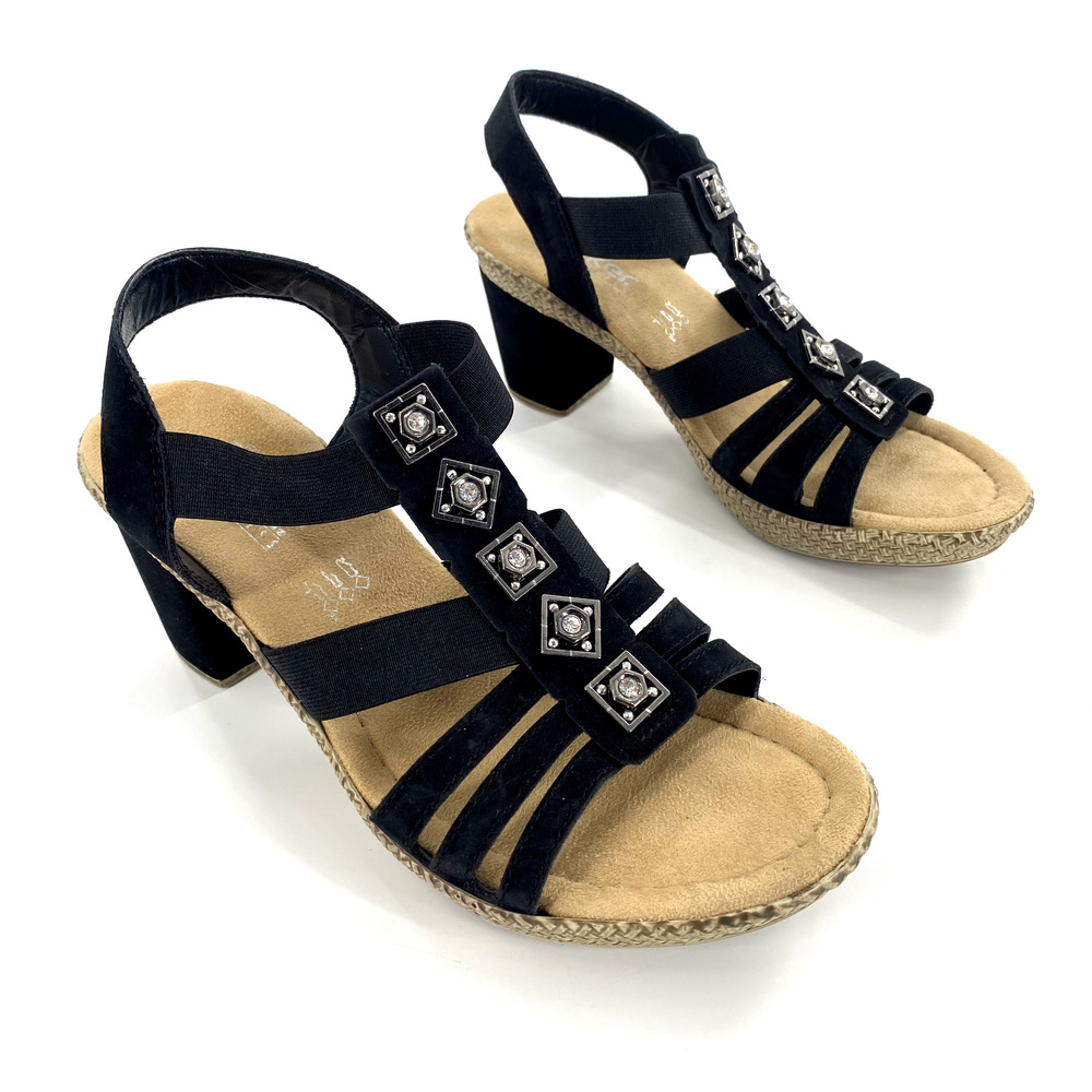 Rieker Antistress‎ Rabea 60 Heeled Sandals Womens Sz 41/9.5 Black Rhinestone